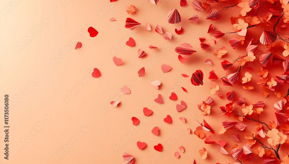 3D rendering of a Valentine's Day background on a peach-colored surface with red paper-cut love hearts shaped as a profile in the corner 3D rendering of a Valentine's Day background on a peach-colored surface with red paper-cut love hearts shaped as a profile in the corner