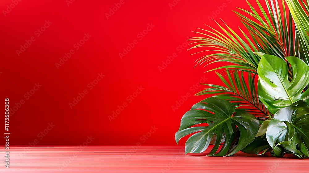 Lush tropical leaves on red background with copy space. Lush tropical leaves on red background with copy space.