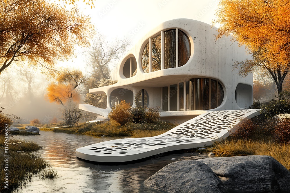 Fototapeta premium A modern architectural house surrounded by autumn foliage and a serene waterway.