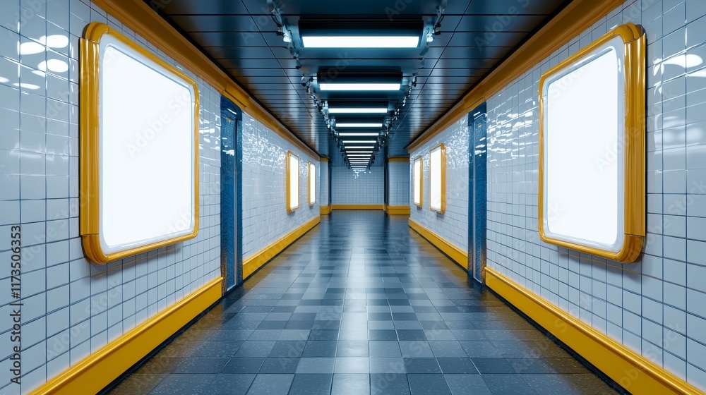 Fototapeta premium Modern Urban Subway Hallway with Bright Illuminated Advertising Spaces