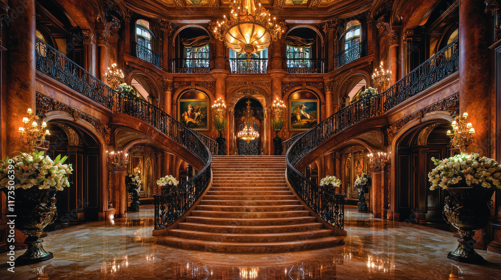Obraz premium Grand staircase in mansion foyer, ornate decor, paintings, chandeliers