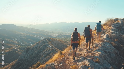 Fototapeta Naklejka Na Ścianę i Meble -  Hikers ascend mountain ridge at sunset, enjoying scenic valley view.