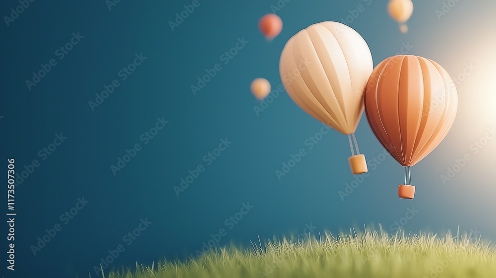 Obraz premium Two Colorful Hot Air Balloons Soaring Above a Lush Green Grassy Field at Sunrise Creating a Cheerful and Inviting Atmosphere of Adventure