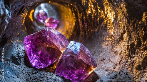 Shiny, colorful diamonds in underground tunnel. gemstone rock treasure, industrial gold mine business, wealth.
