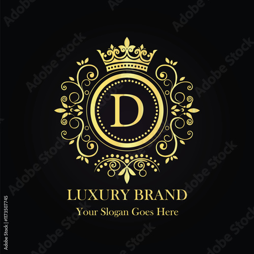 Elegant Luxury Brand D Logo Design with Golden Royal Monogram and Ornamental Crown Elements  

