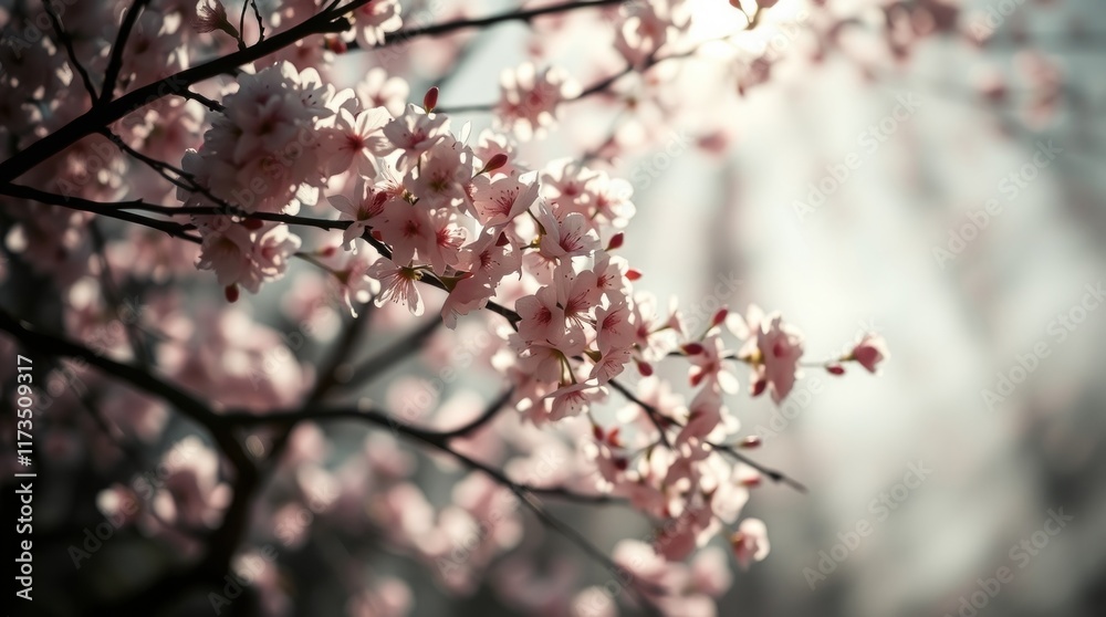 Delicate Pink Cherry Blossoms Branch Sunlight Delicate Pink Cherry Blossoms Branch Sunlight