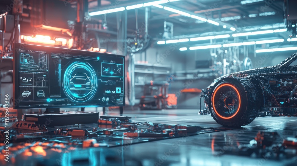 Fototapeta premium Futuristic Car Diagnostic in a High-Tech Garage