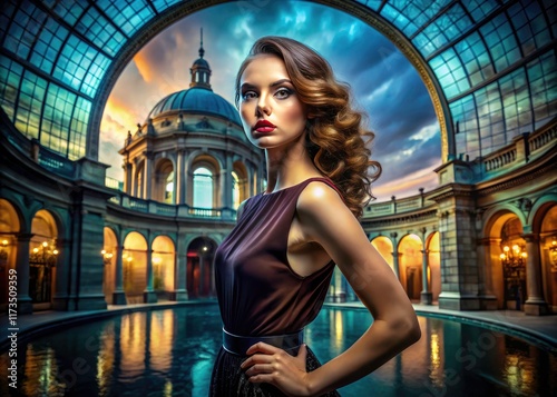 Editorial fashion photography in a Roman palace; glass architecture frames haute couture, echoing empire grandeur.