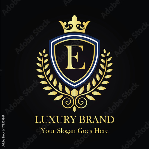 Prestigious Luxury Brand E Logo with Golden Shield Crown Laurel Wreath and Sophisticated Monogram  
