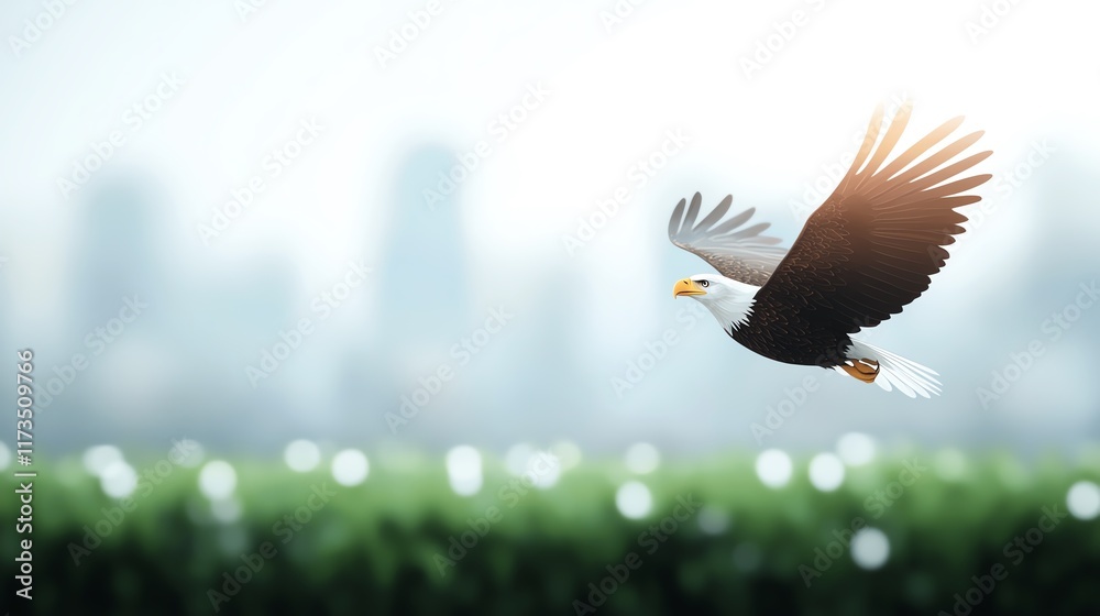 Fototapeta premium Majestic Eagle Soaring Gracefully Above Urban Landscape Showcasing Contrast Between Nature and City Life Captivating View of Freedom and Power
