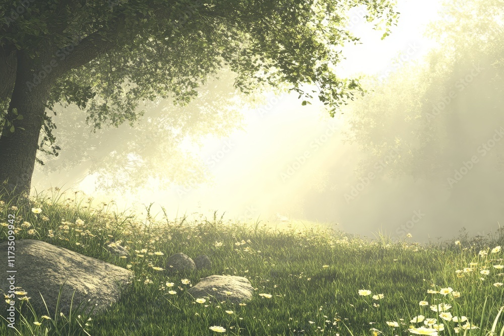 Naklejka premium Sunlight streams through trees in a tranquil meadow, illuminating wildflowers and lush grass.