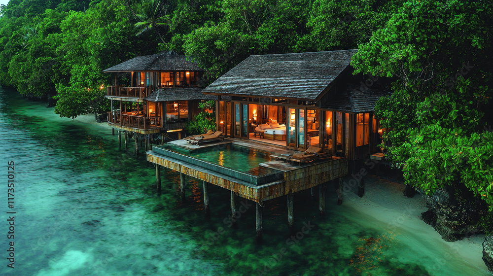 Tropical overwater bungalows at dusk, lush jungle backdrop, tranquil ocean view, ideal honeymoon destination Tropical overwater bungalows at dusk, lush jungle backdrop, tranquil ocean view, ideal honeymoon destination