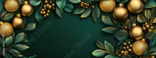 Wallpaper Mural Christmas ornaments, gold baubles, pine branches, dark green background, dramatic lighting, festive holiday decor, luxury aesthetic, shiny metallic surfaces, elegant composition, bokeh effect, high co Torontodigital.ca