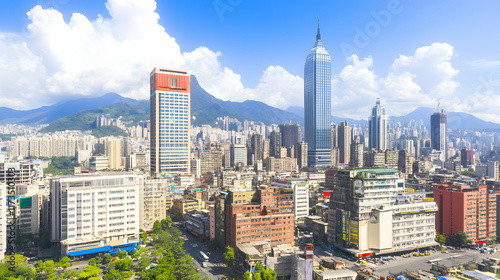 Cityscape panorama high-rise buildings, mountains, clear sky, bustling streets. Ideal for travel brochures, urban development presentations. photo