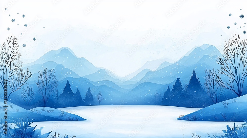 Obraz premium Serene winter landscape with snow-covered mountains, frozen lake, and bare trees.