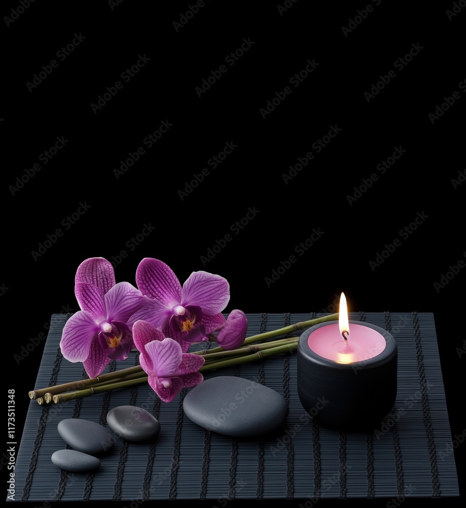 Relaxing spa arrangement with pink orchids, smooth stones, bamboo, and lit candle on textured mat, copy space for text