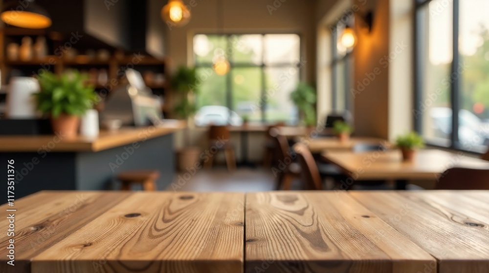 Empty wooden table in a cozy cafe setting with blurred background Empty wooden table in a cozy cafe setting with blurred background
