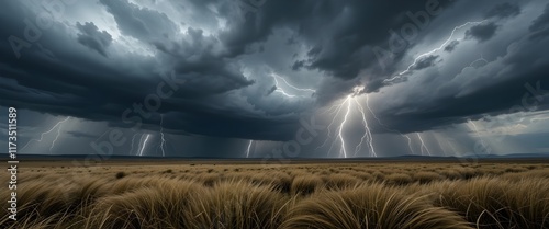 Dramatic Stormy Sky with Lightning Over a Vast Open Plain and Wind-Swept Tall Grass