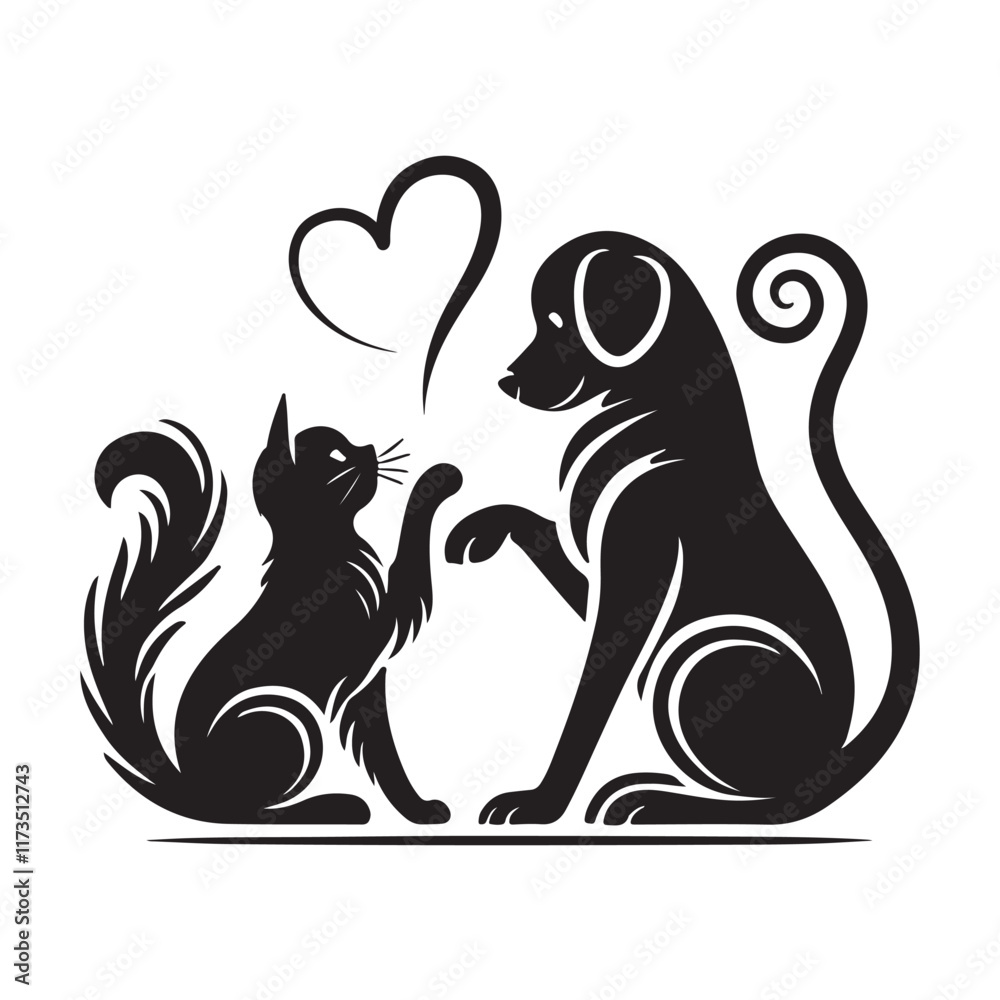 Obraz premium Dog and Cat silhouette, Vector Illustration, Dog and cat making heart with tail