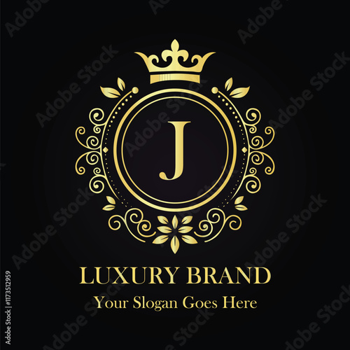 Opulent Luxury J Logo with Gold Monogram Crown and Symmetrical Floral Pattern on Black Background  
