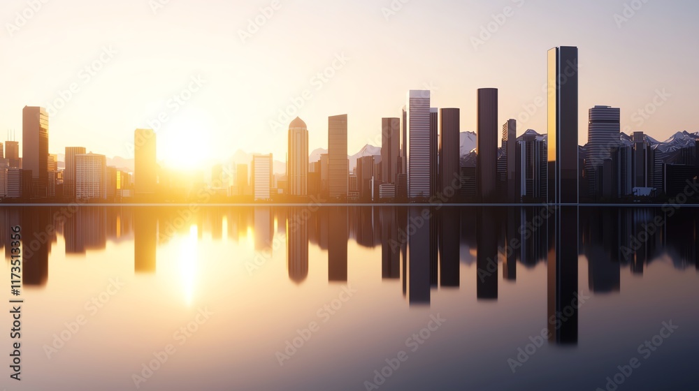 Fototapeta premium Breathtaking City Skyline at Sunset with Warm Hues Illuminating the Buildings and Reflecting on the Water Creating a Peaceful Urban Atmosphere