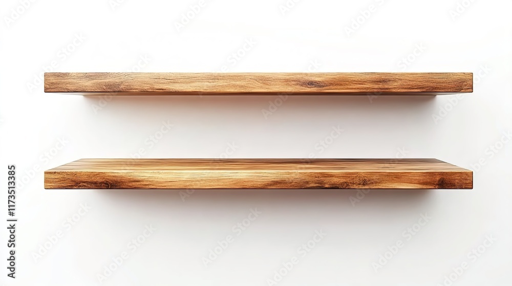 Two simple wooden shelves, floating on a white background