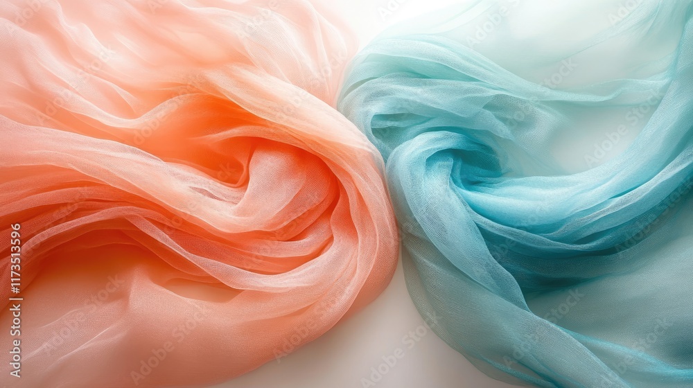 Soft flowing fabrics in coral and aqua hues Soft flowing fabrics in coral and aqua hues