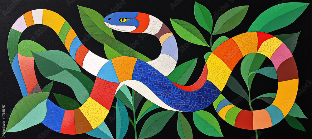 Obraz premium Colorful geometric snake and leaves design art abstract