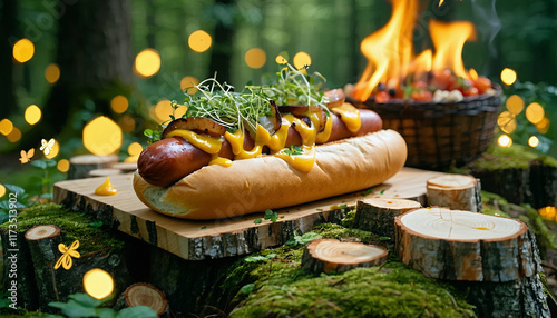 A whimsical forest picnic featuring a gourmet hot dog with a toasted brioche bun, topped with carame photo