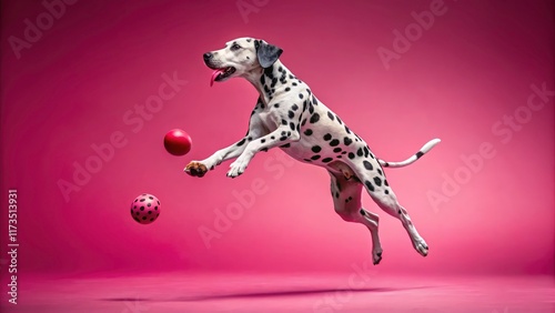 Pink perfection!  Drone photography freezes a Dalmatian's mid-air pounce on a pink ball, a playful pet photo with a matching background.