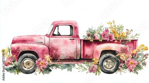 retro vibe pink truck with lush greenery and floral arrangement photo