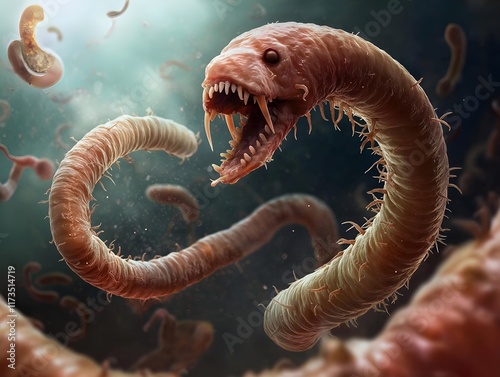 serpentine creature with a fanged mouth and textured skin photo