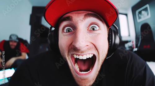 Excited YouTuber with headphones expressing joy and enthusiasm in a gaming setup
