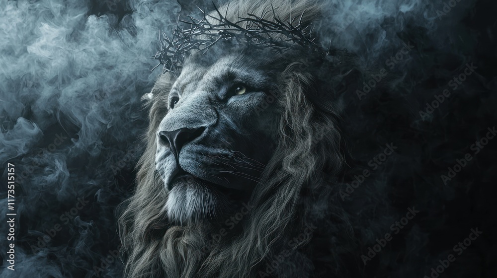 Obraz premium Majestic Lion with Crown of Thorns in Smoke
