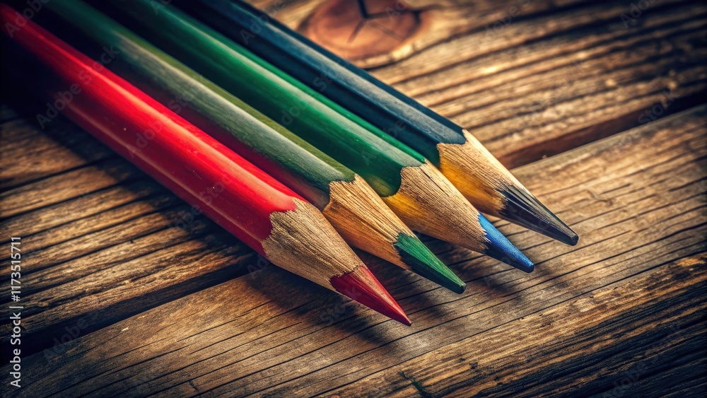 Fototapeta premium Three pencils, vintage still life; retro photography's aged effect captures classic art.