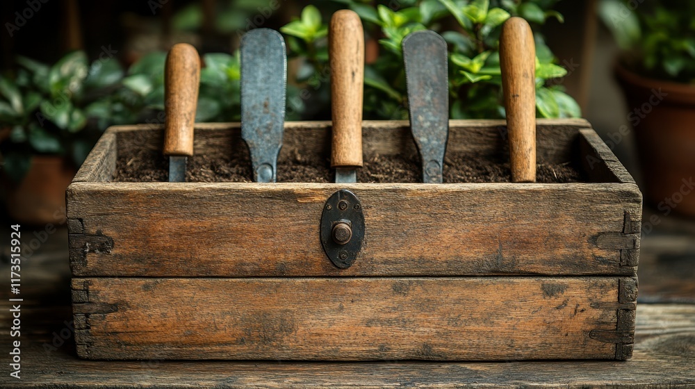Rustic wooden box with gardening tools and soil. Rustic wooden box with gardening tools and soil.