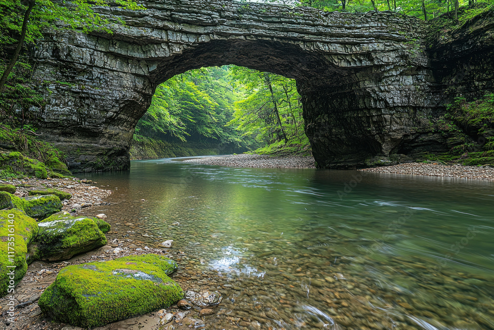 Natural rock bridge over forest river, moss rocks foreground, tranquil scene Natural rock bridge over forest river, moss rocks foreground, tranquil scene