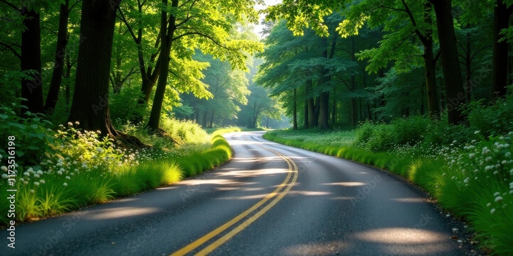 Obraz premium Scenic Winding Road Through Lush Green Forest with Sunlight Dappling the Asphalt