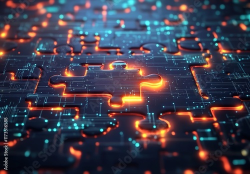 Digital puzzle pieces coming together, symbolizing the integration of various technology components in an AI system.