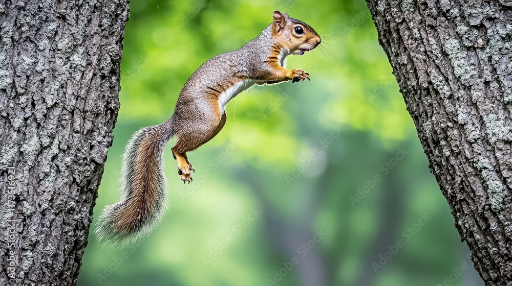Squirrel leaping between trees, park, nature. Squirrel leaping between trees, park, nature.