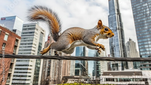 Squirrel leaps across wire, city backdrop. Urban wildlife, nature in city.