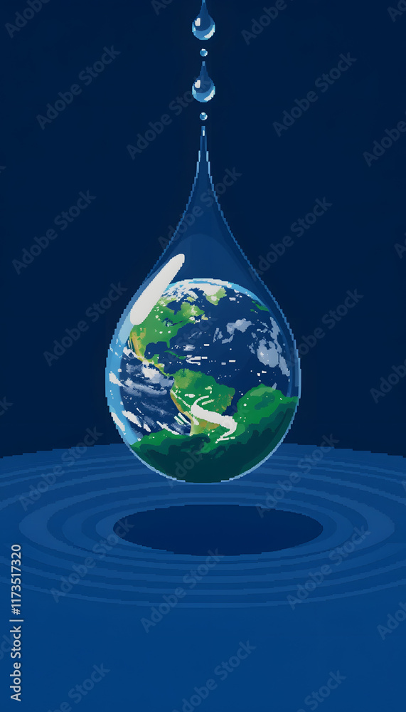 the earth floating in a water drop, pixel art, with white tones the earth floating in a water drop, pixel art, with white tones