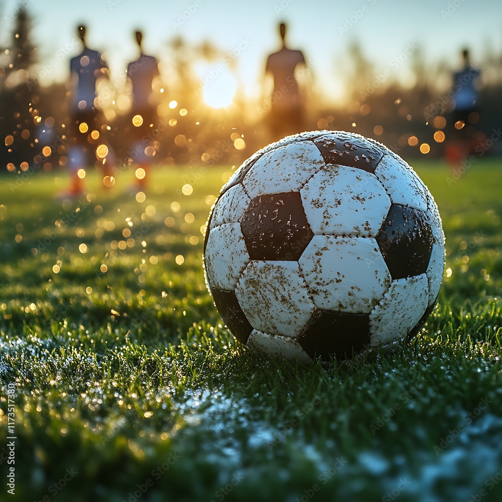 Soccer Ball on Grass Field at Sunset with Players Blurred in Background