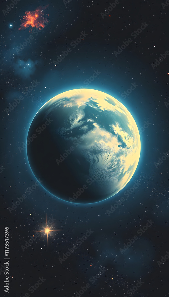 Fototapeta premium View of the planet earth from space. Gas, nebula, stars. Illustration, vintage, with white tones