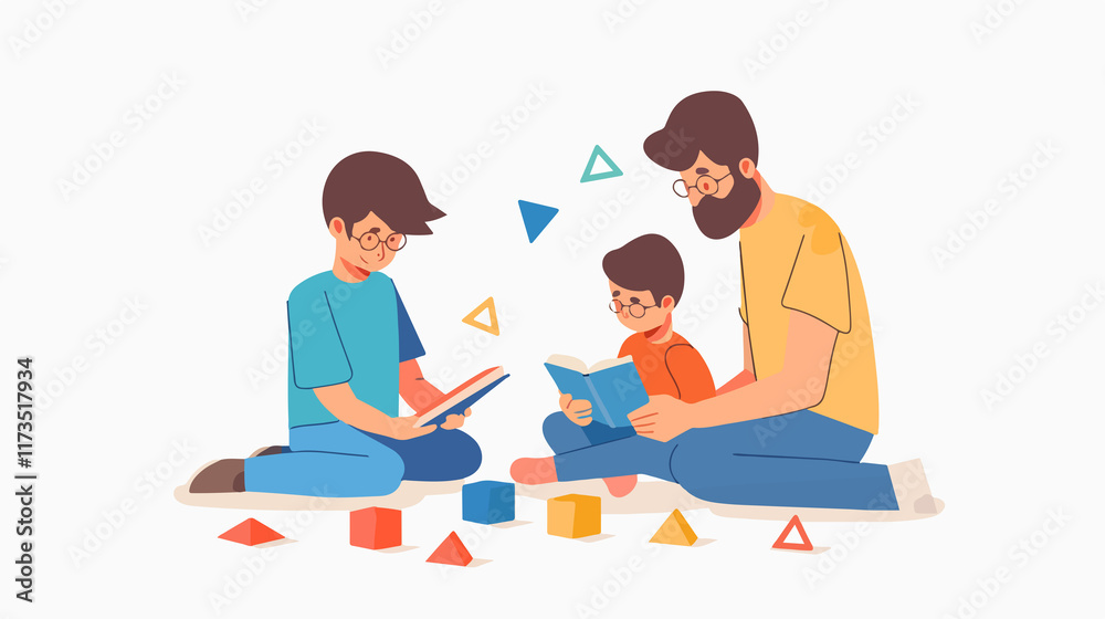 Diverse Parent Teacher Boy Characters on Floor Diverse Parent Teacher Boy Characters on Floor