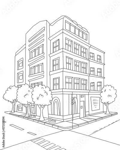 City building with skyscrapers coloring page for kids, Construction coloring book