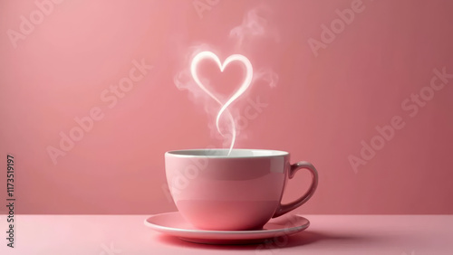 Heart-shaped steam coming out of a pink cup of hot drink.