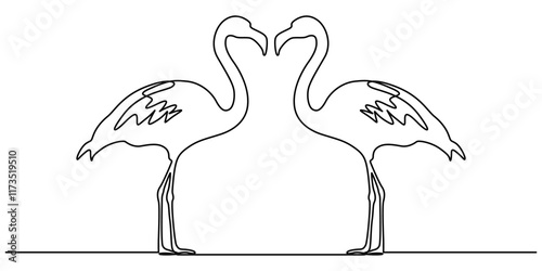 Continuous single line art of flamingo drawing ear and outline vector illustration, Flamingo bird in continuous one line art drawing. Vector illustration isolated. Minimalist design handdrawn,   pro. 