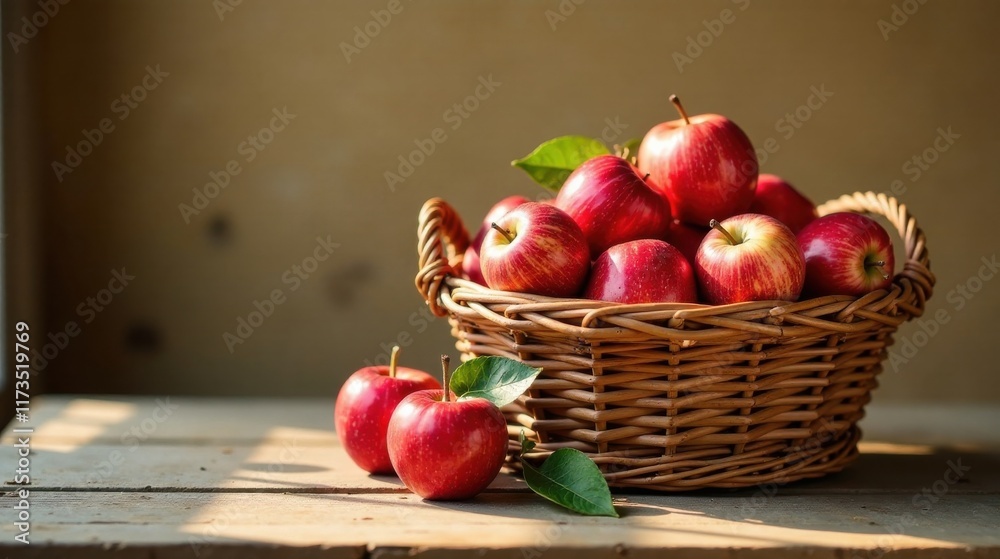 A wicker basket overflowing with ripe, red apples sits on a rustic wooden surface, bathed in warm sunlight