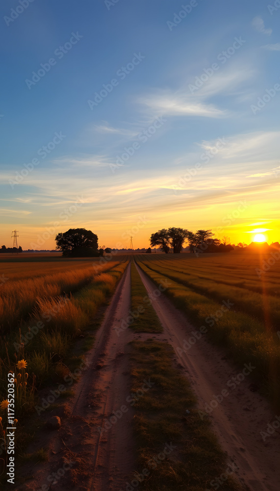 Scenic a field with trees and dirt way on sunset view.  image, professional photography, with white tones